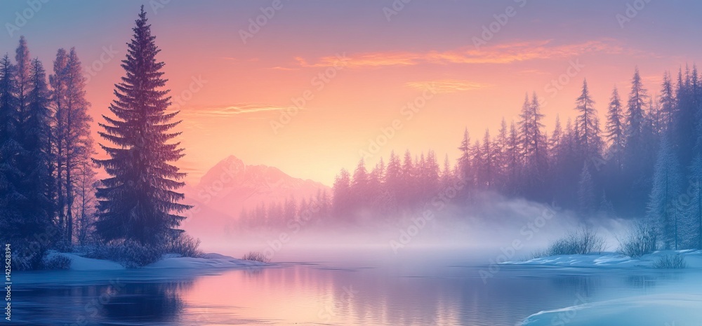 Fototapeta premium A beautiful winter landscape with trees and a river in the mist, at sunrise. 
