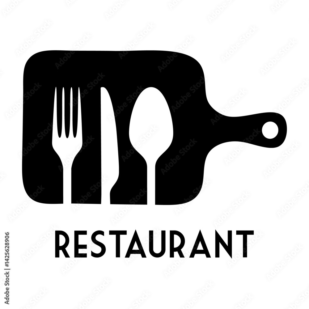 Fototapeta premium Logo restaurante. Silueta de tabla de cortar de madera en horizontal con cubiertos en espacio negativo 