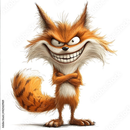 Cunning Fox Cartoon Character: A vibrant, expressive cartoon fox with a mischievous grin, embodies slyness and wit, set against a simple backdrop, ideal for various playful projects.
