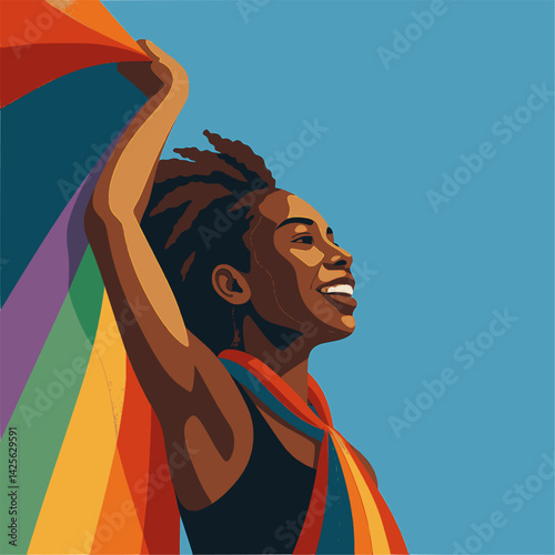 Black queer person holding rainbow flag LGBT pride or gay pride. Lesbian, gay, bisexual, and transgender (LGBT) people proud of their sexual orientation and gender identity. coming out day