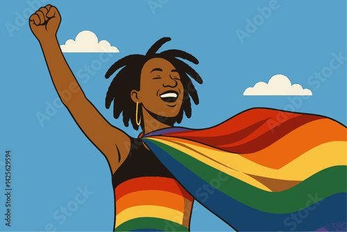 Black queer person holding rainbow flag LGBT pride or gay pride. Lesbian, gay, bisexual, and transgender (LGBT) people proud of their sexual orientation and gender identity. coming out day