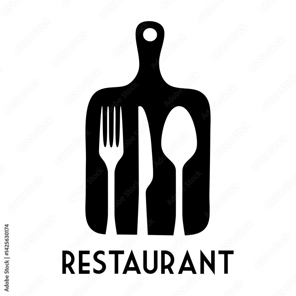 Fototapeta premium Logo restaurante. Silueta de tabla de cortar de madera en vertical con cubiertos en espacio negativo