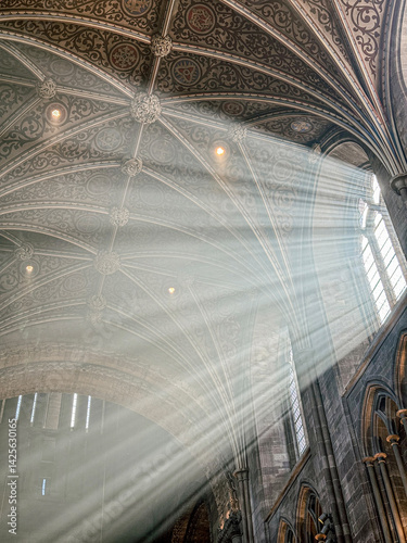 Obraz na płótnie The vaulted ceiling of Hereford Cathedral, Herefordshire, England UK. The sun beams are visible in the incense smoke of the Easter Sunday morning service. w salonie