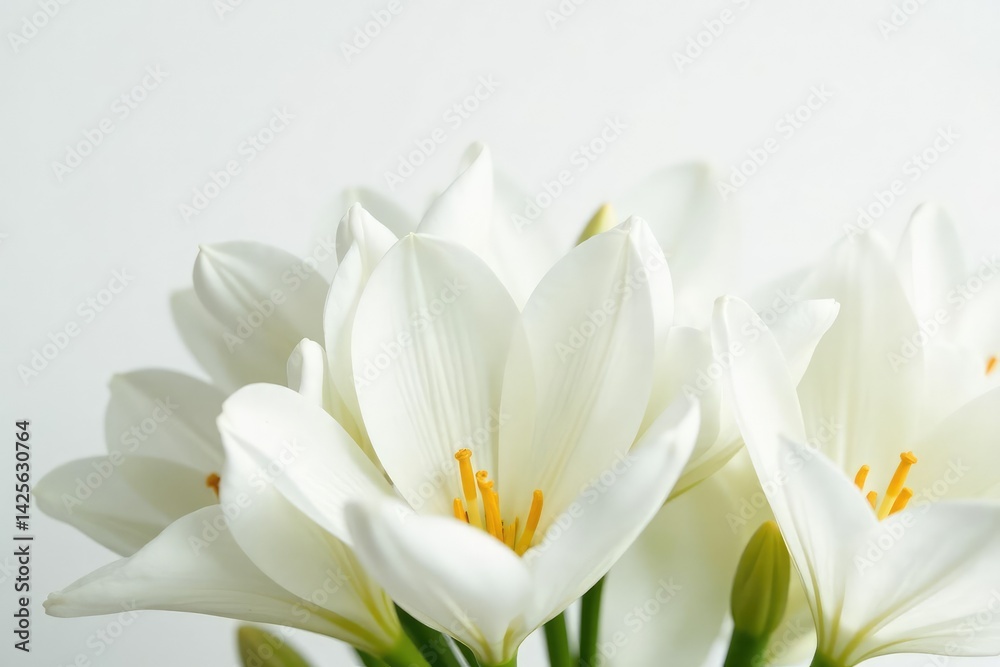 Close-up of pristine white flowers on stark white backdrop, simple, image Close-up of pristine white flowers on stark white backdrop, simple, image
