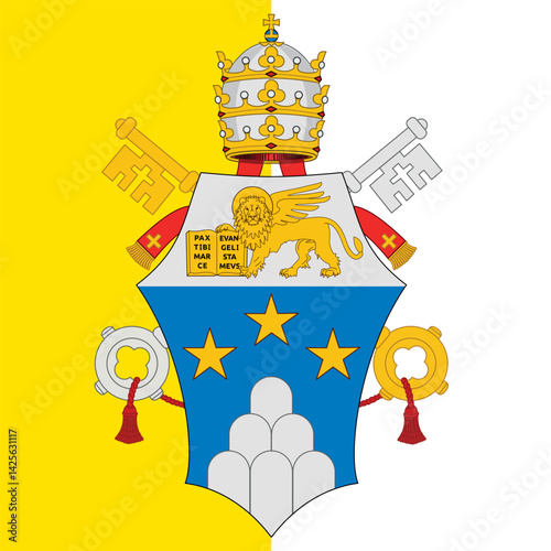 Coat of arms of Pope John Paul I, Bishop of Rome, 1978, on the background of the flag of the Holy See