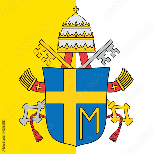 Coat of arms of Pope John Paul II, Bishop of Rome, 1978-2005, on the background of the flag of the Holy See