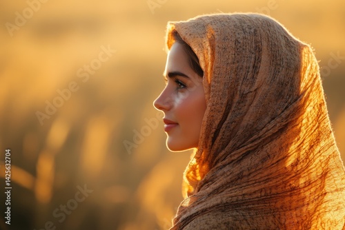A young woman, veiled in a light brown shawl, gazes serenely into the golden sunset.