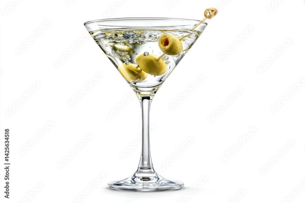 Martini Cocktail: Crystal Glass, Green Olives, Sparkling Liquid Martini Cocktail: Crystal Glass, Green Olives, Sparkling Liquid