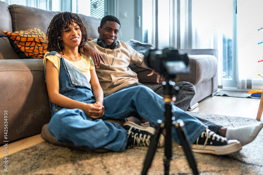 Content creators recording video blog at home