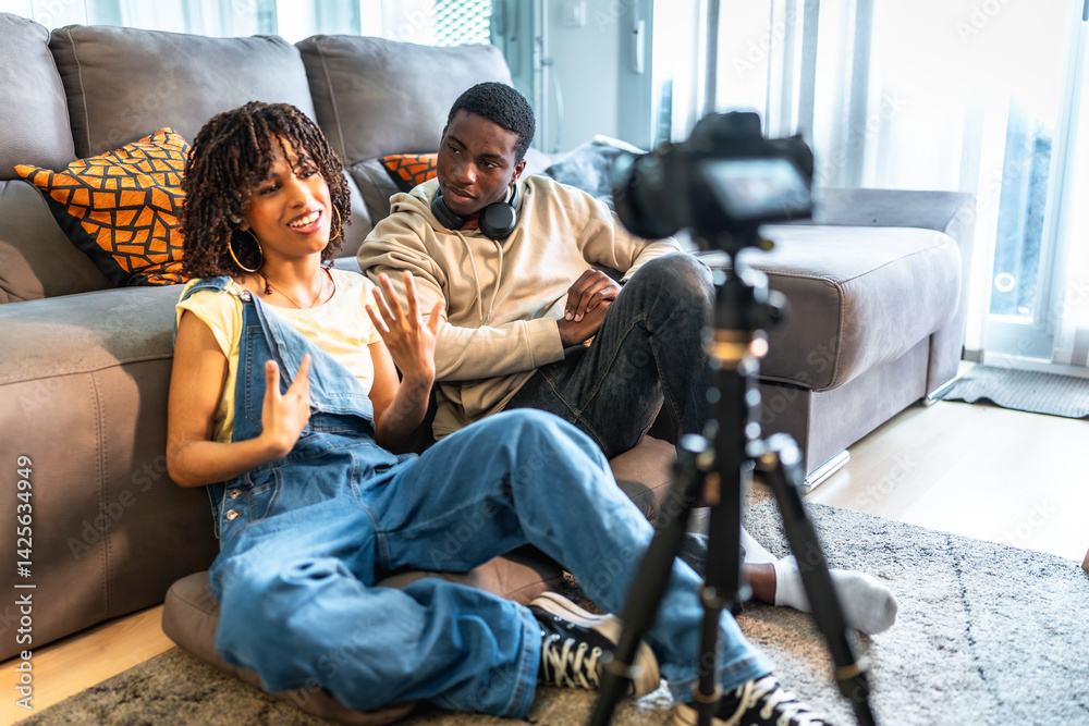 Content creators recording video blog at home