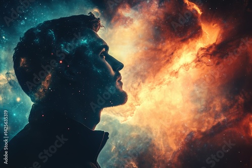 A man's silhouette merges with a vibrant nebula, symbolizing the vastness of the human mind and the cosmos.