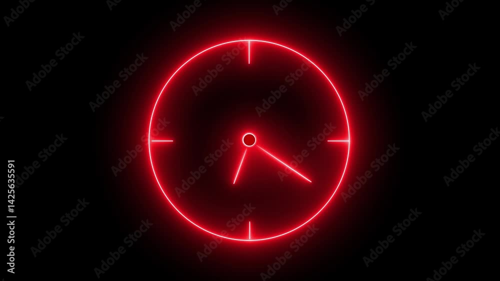 Abstract neon red clock animation with moving arrows isolated on black background.