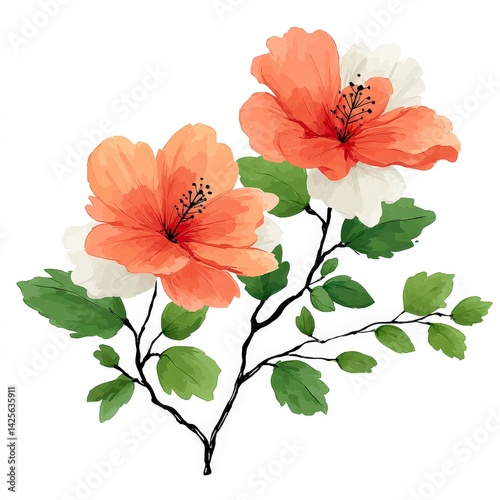 Elegant Watercolor Hibiscus Flowers  Botanical Illustration  Peach   White Blooms  Floral