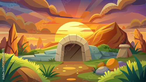 beautiful Classic religious scene of an empty tomb with a stone rolled away at sunrise in a hillside setting