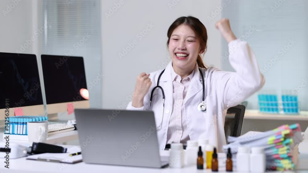 Young doctor is sitting at her desk working on her laptop. She is happy and celebrates her accomplishment with a victorious gesture. Young doctor is sitting at her desk working on her laptop. She is happy and celebrates her accomplishment with a victorious gesture.