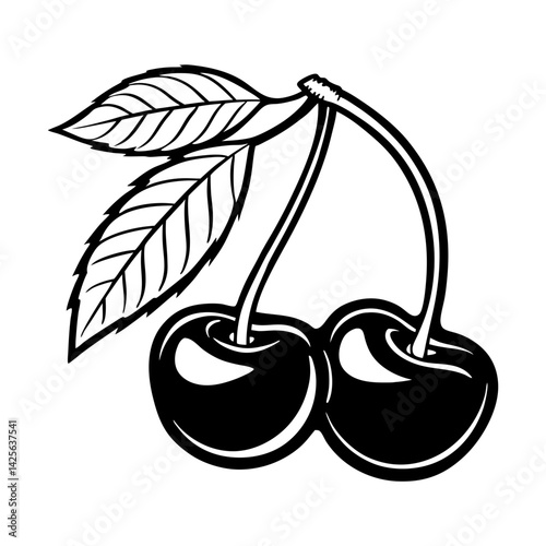 silhouette of two cherries with stem and leaf vector illustration