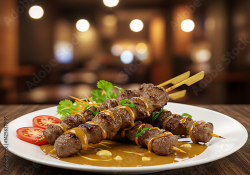 Grilled Satay with Spicy Sauce and Tomato Garnish