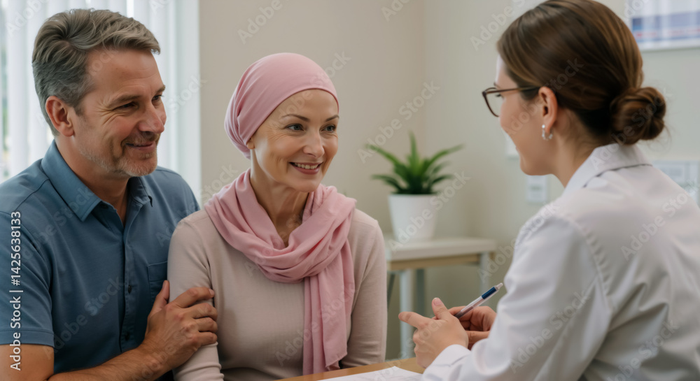 Fototapeta premium Caucasian couple receiving information on successful cancer treatment. Middle aged Female patient and her husband with doctor during consultation. Woman and her spouse listening to oncologist.