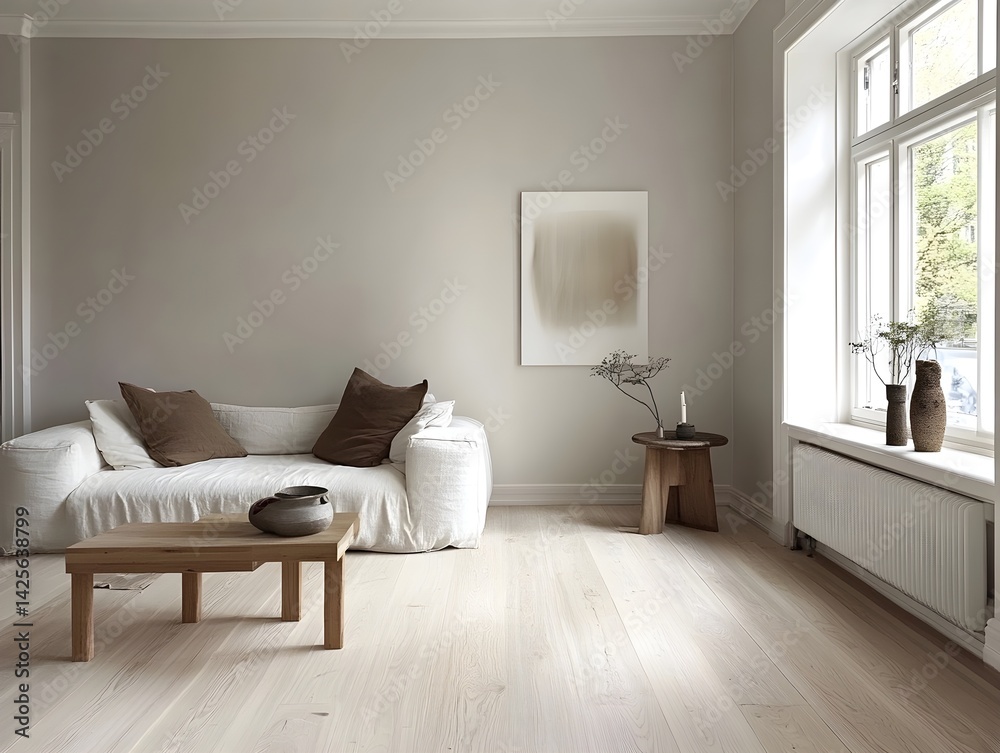 Fototapeta premium Minimalist Scandinavian Living Room with Cozy Textiles, Generative AI