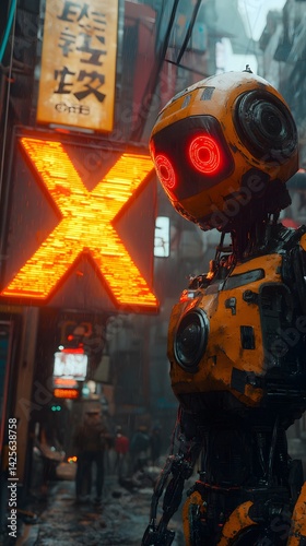 Futuristic Humanoid Robot in Neon Lit Cyberpunk Alley at Night Image