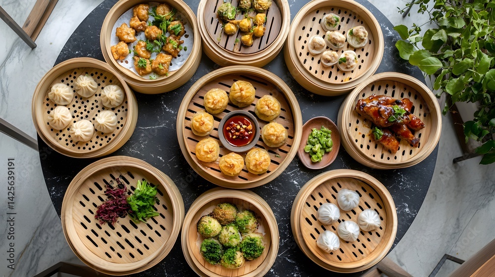 Dim sum variety in bamboo steamers on a round table