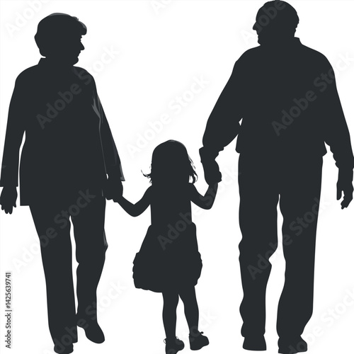 Grandparents Walking with Granddaughter silhouette Vector Illustration