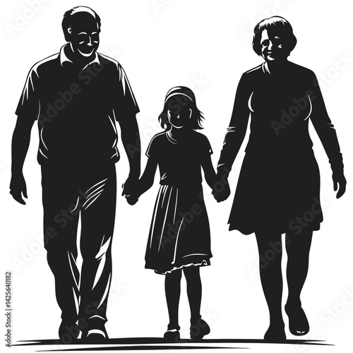 Grandparents Walking with Granddaughter silhouette Vector Illustration
