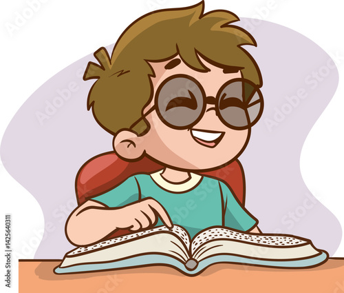 Visually impaired child reading using Braille alphabet vector illustration