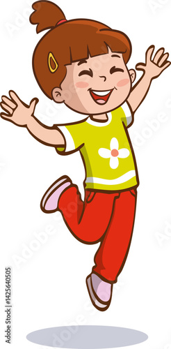 cute little boy excited, jumping with both hands up, feeling happy vector illustration