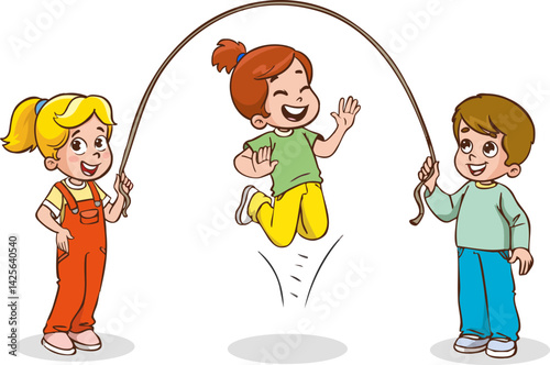 Cute boys and girls play jumping on a rope.