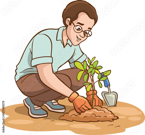 Young man planting plants in the garden. Gardening or horticulture concept. Flat vector illustration.