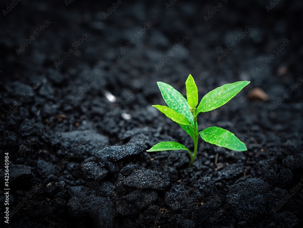 Small green sprout emerging from black soil, symbolizing new beginnings and growth, with vibrant leaves, representing nature, environment, spring, tranquility, high - quality detailed capture. Small green sprout emerging from black soil, symbolizing new beginnings and growth, with vibrant leaves, representing nature, environment, spring, tranquility, high - quality detailed capture.