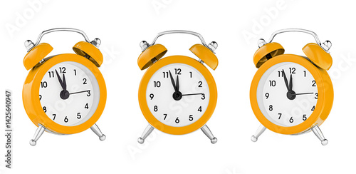 classic watch, pointer clock, Orange color alarm watch on isolated white background close up