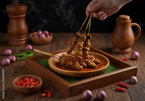 Chef Serving Hot Satay with Indonesian Herbs and Condiments