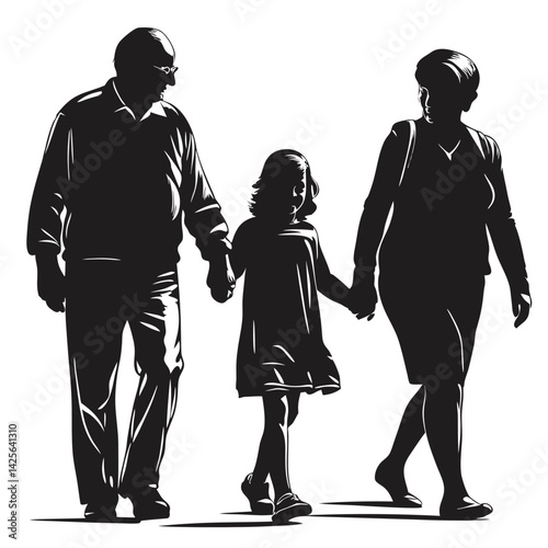 Grandparents Walking with Granddaughter silhouette Vector Illustration