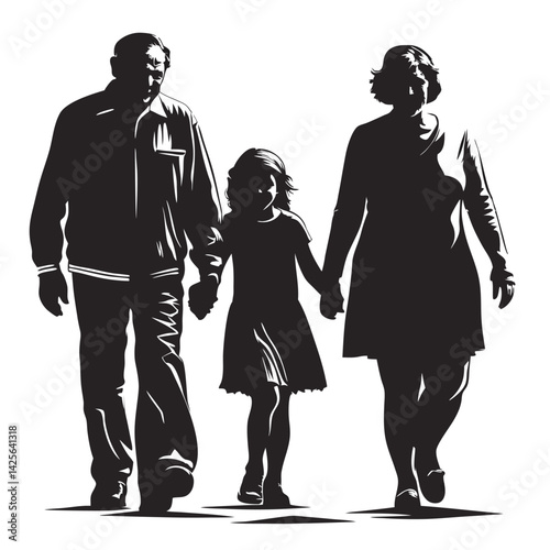 Grandparents Walking with Granddaughter silhouette Vector Illustration