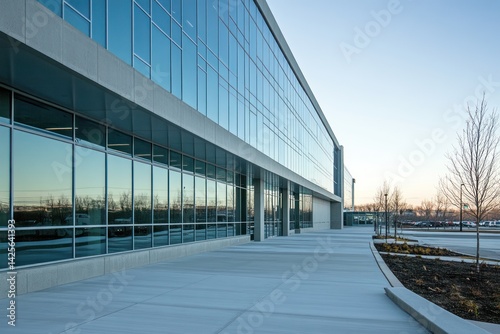 Modern building exterior with glass windows and concrete walkway under a clear sky.
