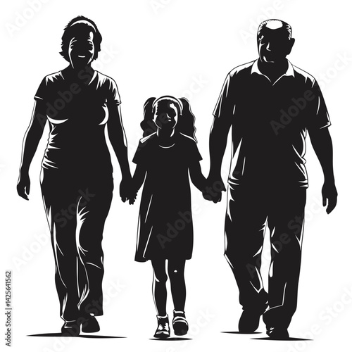 Grandparents Walking with Granddaughter silhouette Vector Illustration