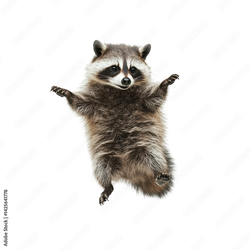 Quirky raccoon in action captured mid leap and isolated on a clean white background layout Quirky raccoon in action captured mid leap and isolated on a clean white background layout