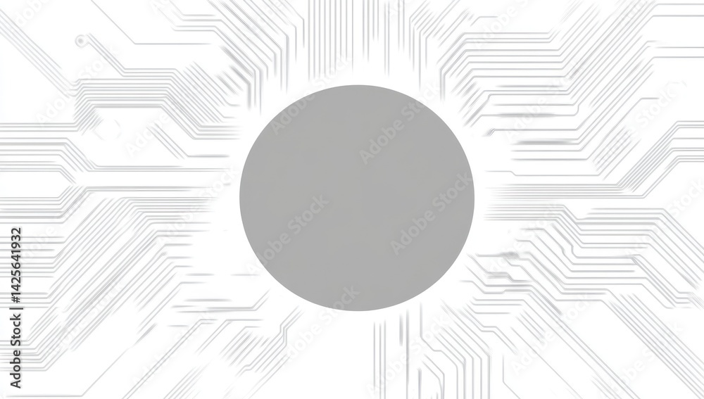 Obraz premium A gray circle is centered on a white background with circuit board patterns.