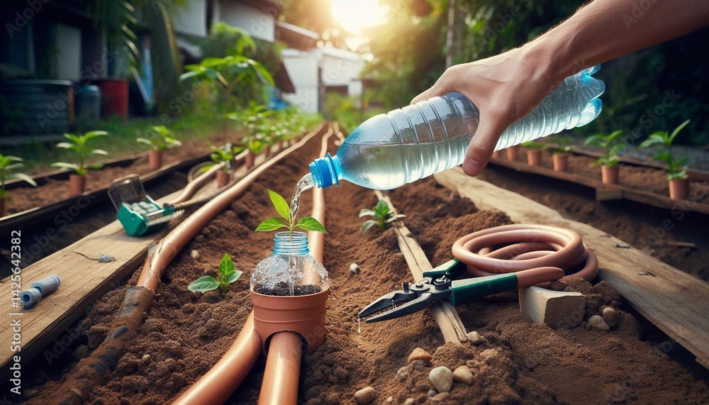Obraz premium Simple drip irrigation system using plastic bottles in greenhouse