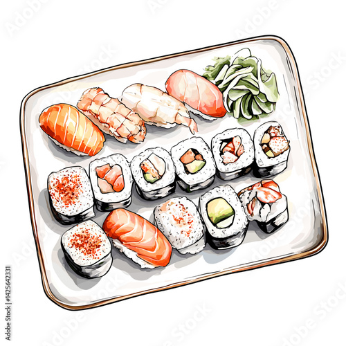 Watercolor Sushi Platter Overhead – Artistic Japanese Cuisine