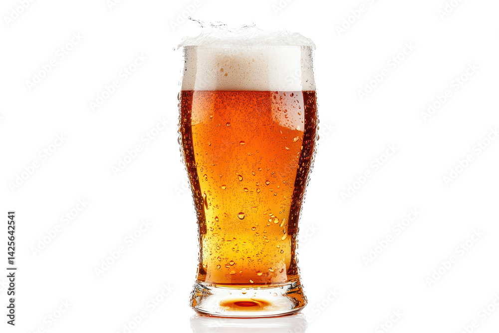 Glass of beer with frothy head and splash effect isolated on a clean white background Glass of beer with frothy head and splash effect isolated on a clean white background