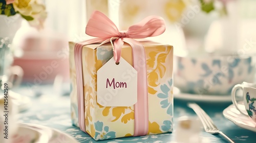 Pastel child’s gift box with ribbon and handwritten mom tag placed on table setting, expressing love, gratitude, and celebration for Mother’s Day in a soft and charming scene