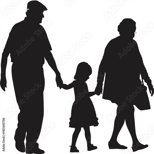 Grandparents Walking with Granddaughter silhouette Vector Illustration