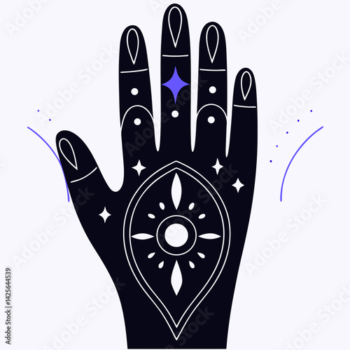 stylized hand illustration featuring intricate designs and symbols, representing palmistry and mystical elements. Isolate on white background, commercial use
