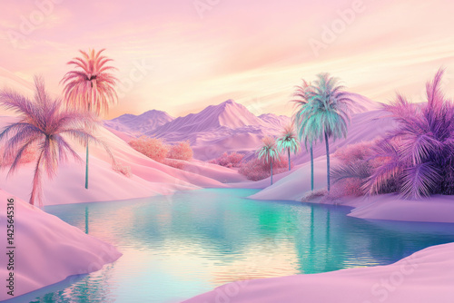 Pink oasis reflecting on turquoise lake at sunset with palm trees and mountains