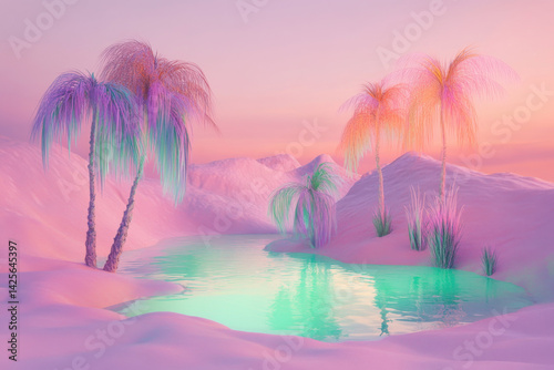 Colorful palm trees growing near turquoise oasis in pastel desert landscape