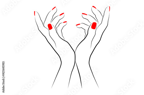 Worshipping woman hands with red nails line drawing isolated on white background - vector illustration