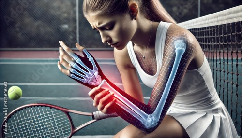 Female Tennis Player with Wrist Injury and X-Ray Overlay Showing Inflammation..
